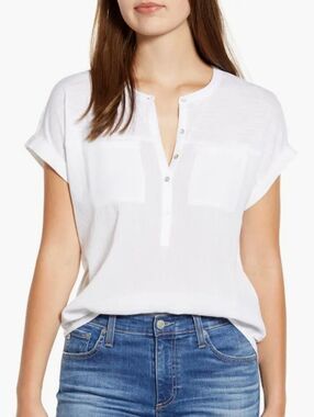 Lucky Brand Mix Media Short Sleeve Henley Top White Size Large